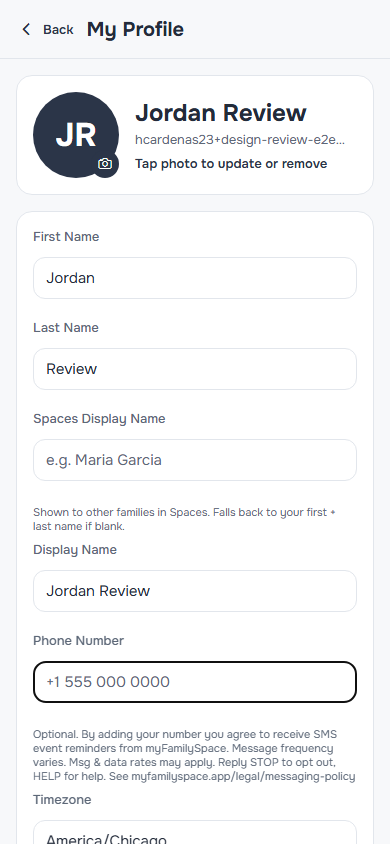 myFamilySpace Profile screen showing the optional Phone Number field, blank by default, with the SMS consent disclosure directly below it